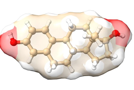 Structure of the main female hormone estradiol molecule, combined surface-ball-and-stick model, white background, 3D illustration