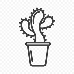 Icon of cactus in a pot. Curved shape with spines. Minimalistic linear design. Isolated vector on a transparent PNG background.