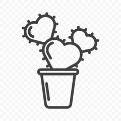 Icon of cactus in a pot. The shape of several hearts with thorns. Minimalistic linear design. Isolated vector on a transparent PNG background.