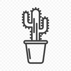 Icon of cactus in a pot. The shape of a roadside desert cactus with thorns. Minimalistic linear design. Isolated vector on a transparent PNG background.
