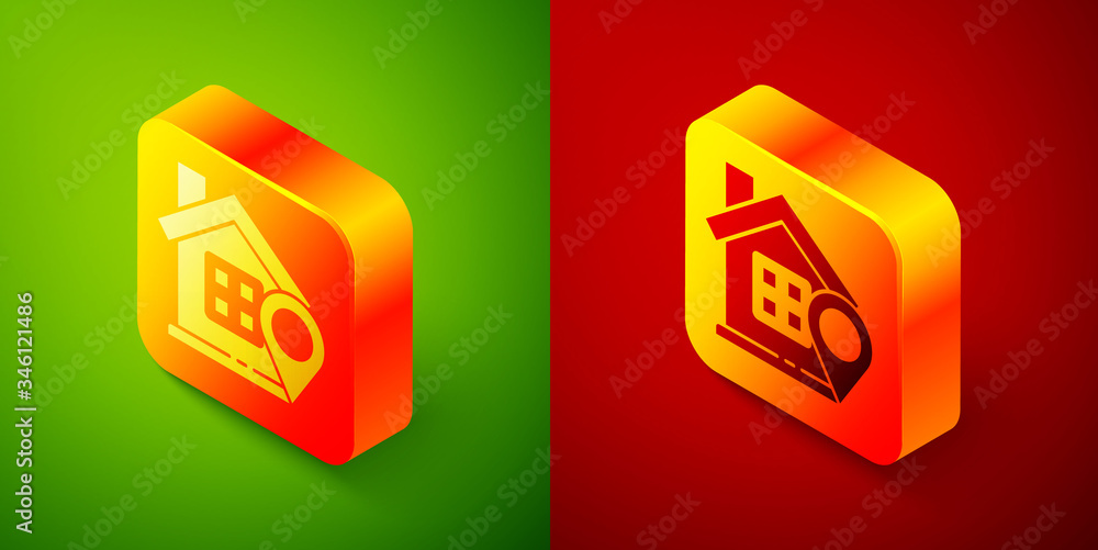 Poster isometric map pointer with house icon isolated on green and red background. home location marker sym