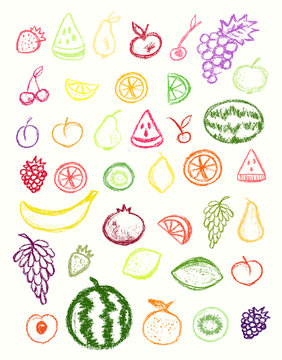Fruit icons collection.Children drawling style color fruits set. Hand drawn wax crayons art on white background. Isolated chalk style icons. Pear,apple, grape, apricot, cherry, lemon, watermelon.