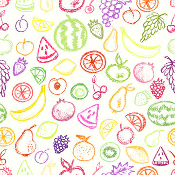 Fruit pattern children drawling style. Colorful bright background. Crayons style icon on white backdrop. Grape, apricot, apple, pear, cherry, watermelon. Seamless texture with hand drawn elements.
