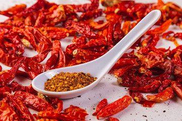 Crushed red pepper, cayenne pepper, dried chile flakes on a white wooden base. Texture. Very hot.