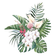 Tropical watercolor bouquet with exotic flowers and leaves on a white background for wedding decor.