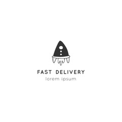 Fototapeta premium Fast delivery, express mail logo template with rocket vector hand drawn icon.