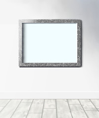 Vertical gray rough 3D frame mock up on wooden floor with white wall