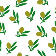 Olive seamless pattern. Cosmetic ingredient. Nutritional oil for skin care and health. Hand-drawn icon of olive and hand writting inscription. Vector illustration.