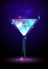 shining liquid in martini glass isolated on purple blue background