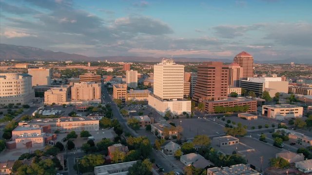 Albuquerque, New Mexico, USA. 1 September 2019. flying over the suburbs & downtown city CBD.