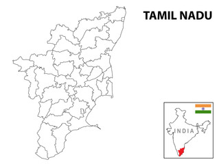Tamil nadu map. District ways map of tamil nadu with name. Vector illustration of Tamilnadu geographical map. New and original design with showing border line and name.