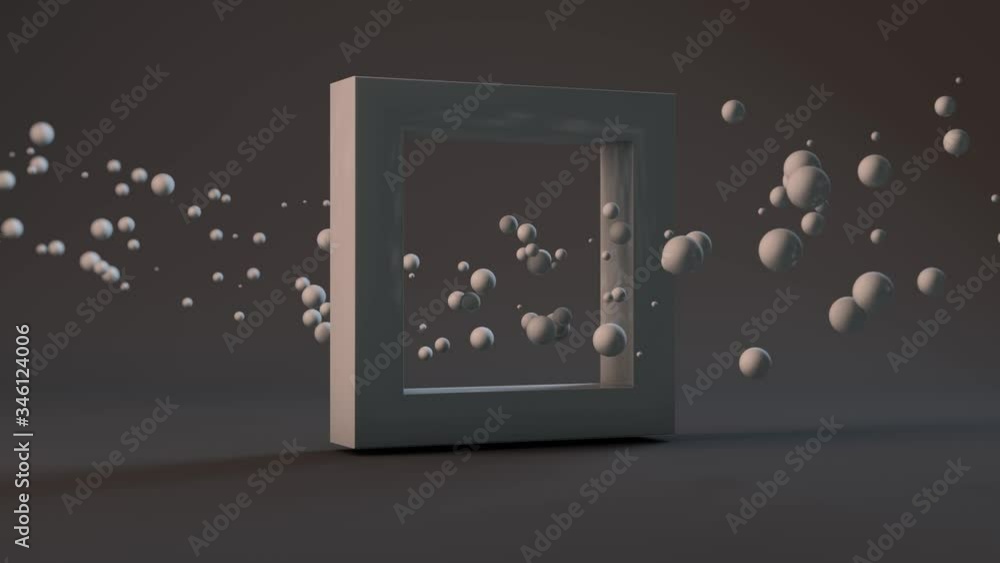 Poster 3d animation of a white square through which balls of different sizes fly. the spheres tremble as th