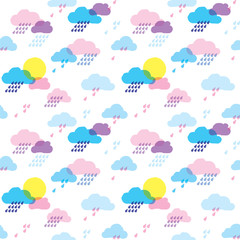 Rain, sun and blue clouds on white background