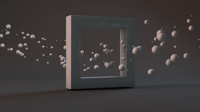 3D animation of a white square through which balls of different sizes fly. the spheres tremble as they pass through the channel. 4K abstract animation of the movement of elementary particles.