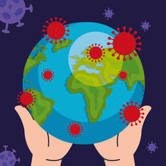 hands lifting planet earth with covid19 particles vector illustration design