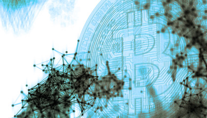 Bitcoins, new virtual money on various digital background, 3D render