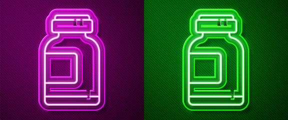 Glowing neon line Sports nutrition bodybuilding proteine power drink and food icon isolated on purple and green background. Vector Illustration