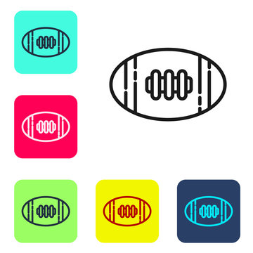 Black line American Football ball icon isolated on white background. Rugby ball icon. Team sport game symbol. Set icons in color square buttons. Vector Illustration