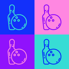 Pop art line Bowling pin and ball icon isolated on color background. Sport equipment. Vector Illustration