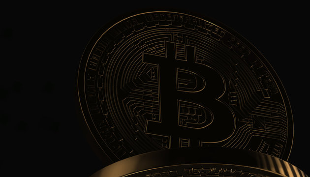 Bitcoins, new virtual money on various digital background, 3D render
