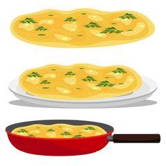 Omelette. Set of three omelets: in a pan, on a plate and isolated on a white background. Vector illustration.