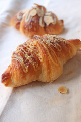 Variety of French Croissants, Lava Cheese and Almond Austrian French Viennoiserie Pastry. Delicious pastry