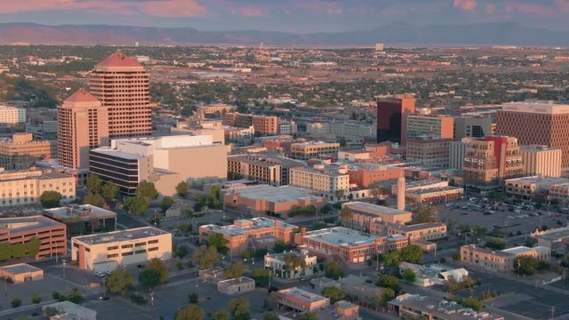Albuquerque, New Mexico, USA. Aerial flying over the downtown city CBD