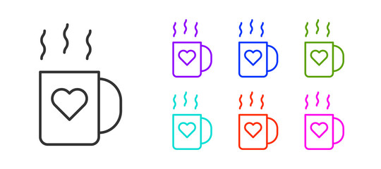Black line Coffee cup and heart icon isolated on white background. Couple coffee for lovers on Valentines Day. Set icons colorful. Vector Illustration