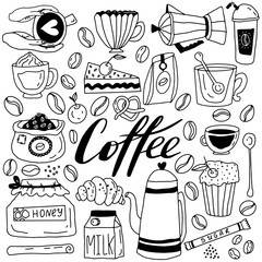 Big set of coffee in hand drawn doodle style. Coffee beans, cup, milk, honey, pastries, coffee maker, sugar. Stock vector illustration.