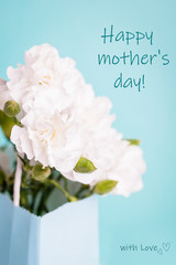 Happy mother's day greeting card. White carnation flowers in a gift bag on the aquamarine background