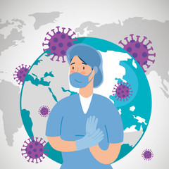 planet earth with covid19 particles and female doctor vector illustration