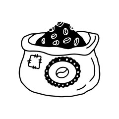Bag with coffee beans in doodle hand drawn style. Coffee collection on an isolated white background. Stock vector illustration.