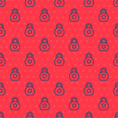 Blue line Kettlebell icon isolated seamless pattern on red background. Sport equipment. Vector Illustration