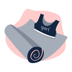 Concept workout home anytime with yoga mat, sport shirt. Sport hobby for healthy life. Home fitness equipment.
