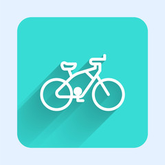 White line Bicycle icon isolated with long shadow. Bike race. Extreme sport. Sport equipment. Green square button. Vector Illustration