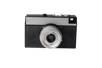 Old vintage photo camera using film strip, isolated on white background