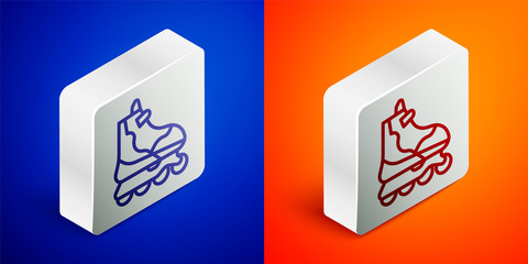Isometric line Roller skate icon isolated on blue and orange background. Silver square button. Vector Illustration