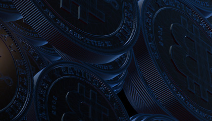 Bitcoins, new virtual money on various digital background, 3D render