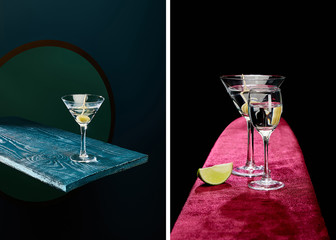 Collage of shot glass and cocktail glass with vermouth, lime slice and whole olive on toothpick on...
