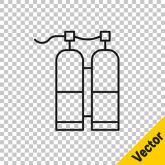 Black line Aqualung icon isolated on transparent background. Oxygen tank for diver. Diving equipment. Extreme sport. Sport equipment. Vector Illustration