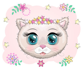 Cute Cartoon pink kitten face on a flovers background