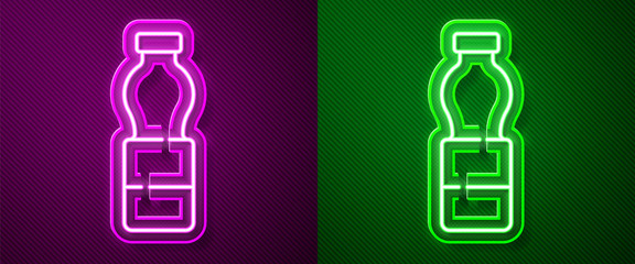 Glowing neon line Bottle of water icon isolated on purple and green background. Soda aqua drink sign. Vector Illustration
