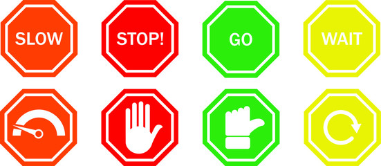 Stop and go signs WITH HAND ICON, RADAR ICON, WAIT ICON 