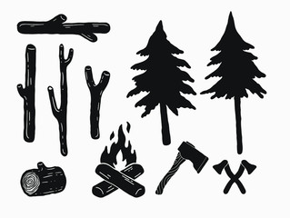hand drawn vintage rustic woods icons. pine trees, camp fire, crossed axes simple logo silhouette lumberjack elements for retro graphic design. wild nature, camping, forest life illustrations
