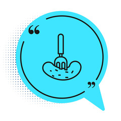 Black line Pickled cucumber on a fork icon isolated on white background. Blue speech bubble symbol. Vector Illustration