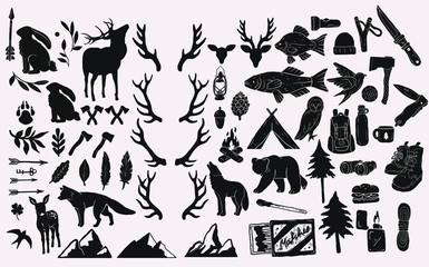 hand drawn vintage rustic elements. forest wildlife, hiking and camping equipment, tools, axes. nature illustrations, animals, mountains and trees. stamp silhouette graphics for logo illustrations