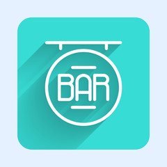 White line Street signboard with inscription Bar icon isolated with long shadow. Suitable for advertisements bar, cafe, restaurant. Green square button. Vector Illustration