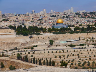 panoramic view from Mount of Olives to Al-Aqsa Mosque in the old town of Jerusalem on a sunny day,...