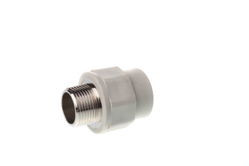 Plastic PPR straight metal male thread fitting for water pipes, isolated on white background