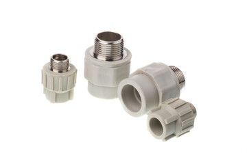 Set of different plastic PPR straight metal male thread fitting for water pipes, isolated on white background